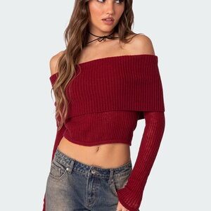 NWT Edikted Lili Fold Over Knit Top Red